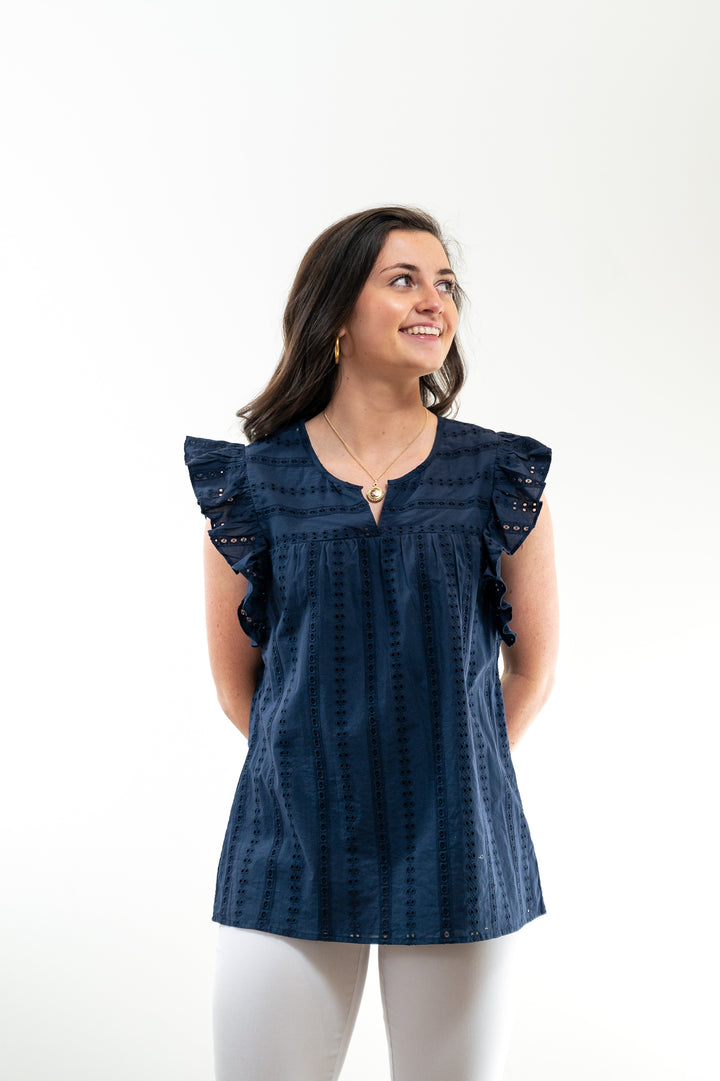 The Whitley Eyelet Flutter Sleeve Top in Navy — view 4
