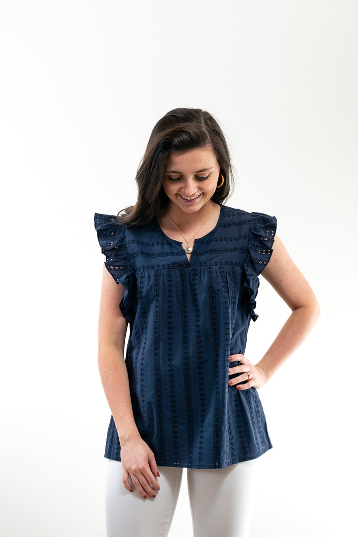 The Whitley Eyelet Flutter Sleeve Top in Navy — view 3