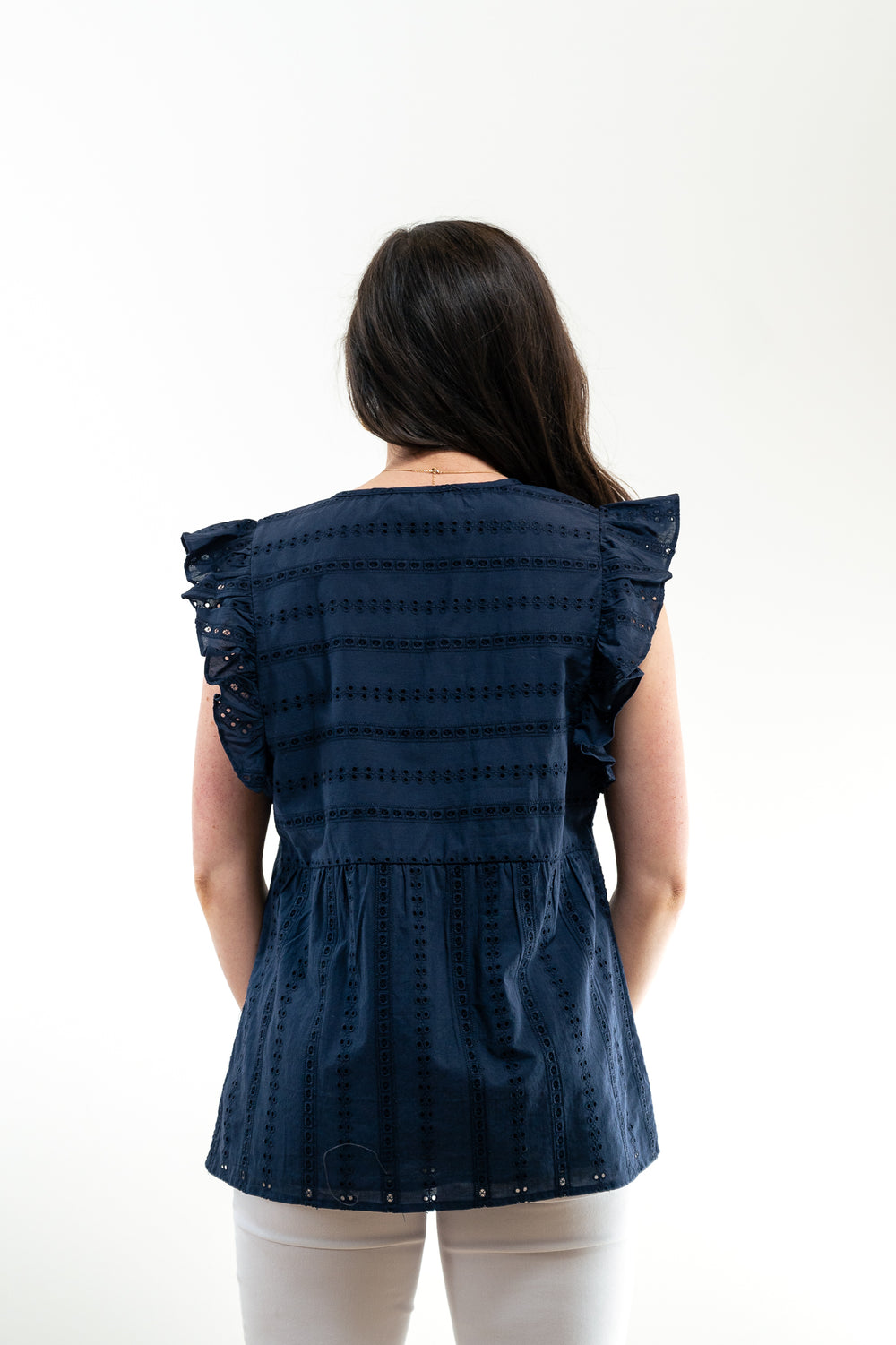 The Whitley Eyelet Flutter Sleeve Top in Navy — view 2