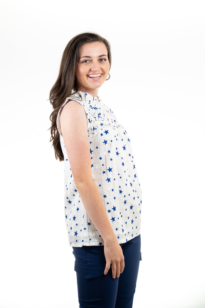 The Star-Struck Sleeveless Vineyard Top in White and Blue — view 8