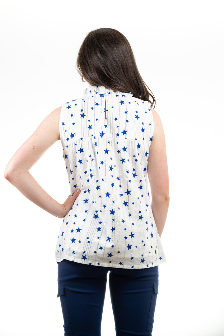 The Star-Struck Sleeveless Vineyard Top in White and Blue — view 7