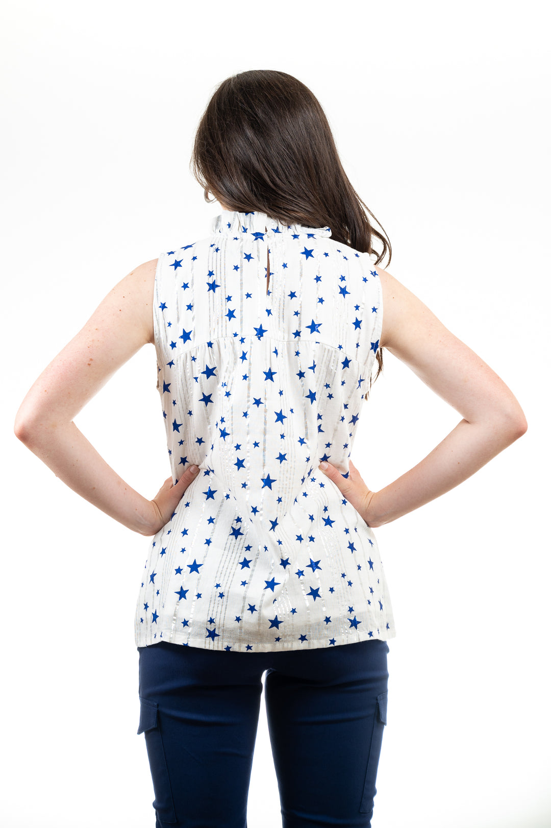 The Star-Struck Sleeveless Vineyard Top in White and Blue — view 6