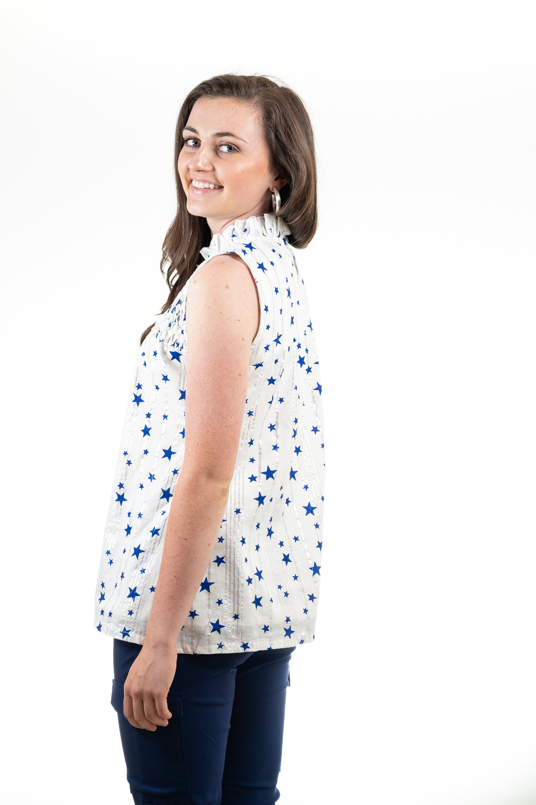 The Star-Struck Sleeveless Vineyard Top in White and Blue — view 5
