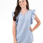 The Whitley Flutter Sleeve Top in Blue With Silver