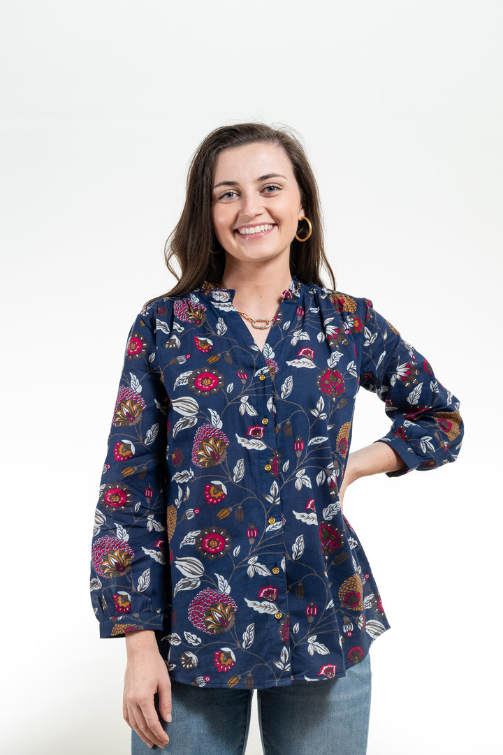 The Serena Block Print Shirt in Navy Floral — view 2