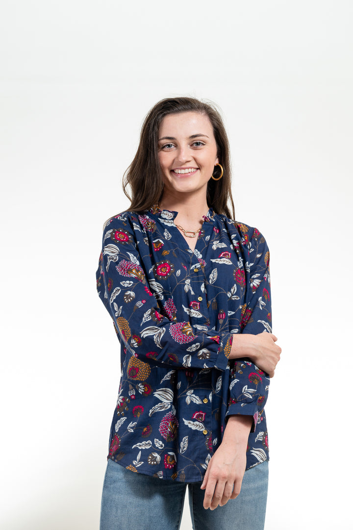 The Serena Block Print Shirt in Navy Floral