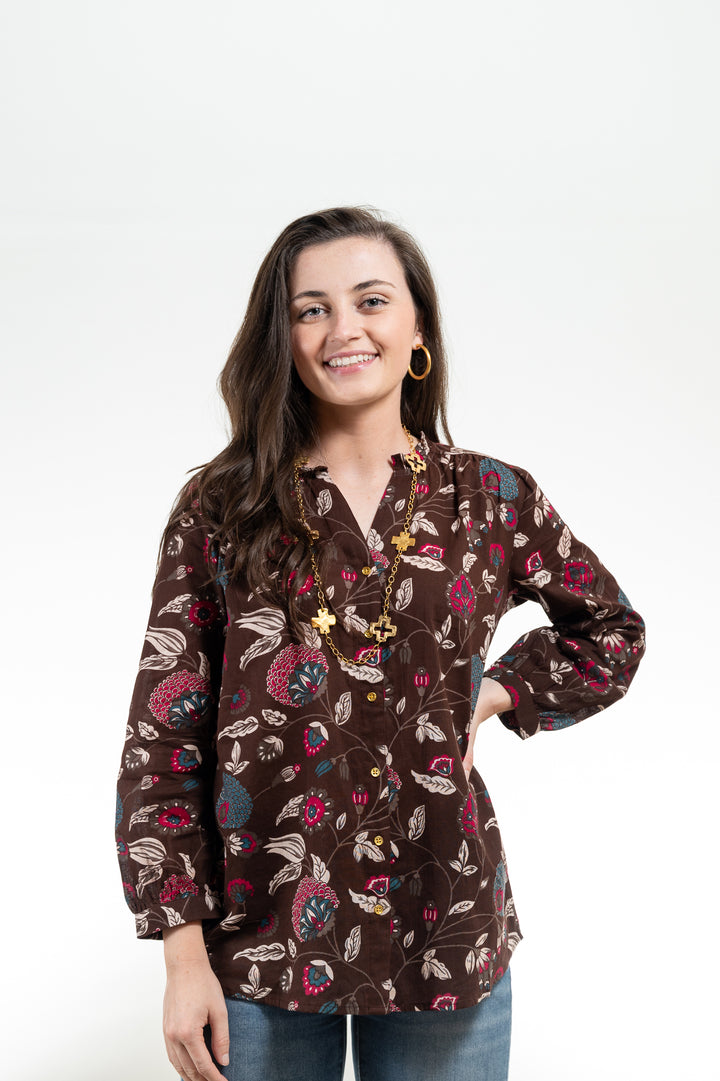The Serena Button Front top in Chocolate Floral Block Print
