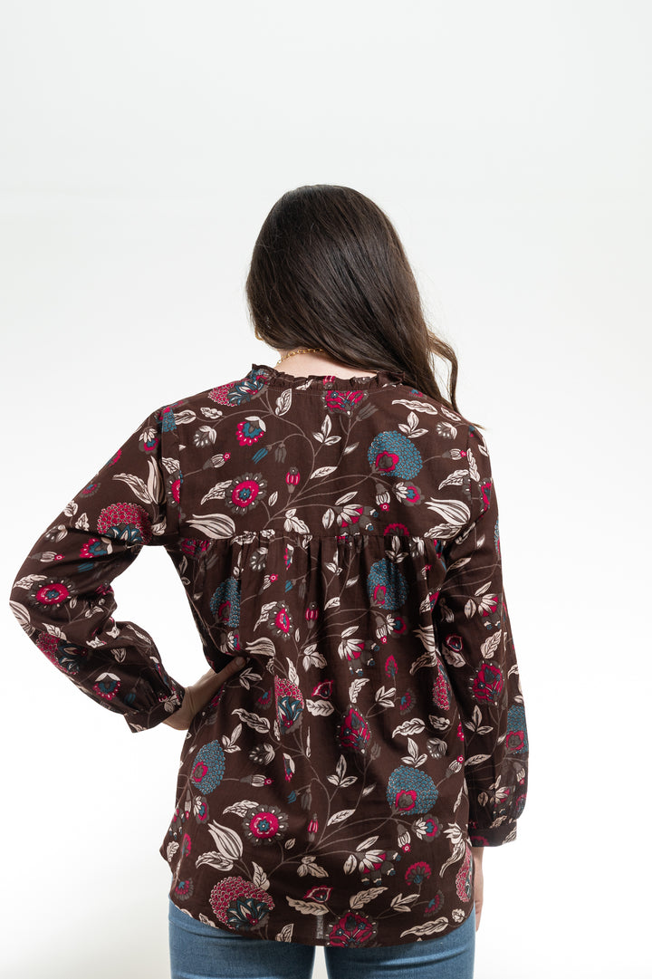 The Serena Button Front top in Chocolate Floral Block Print — view 4