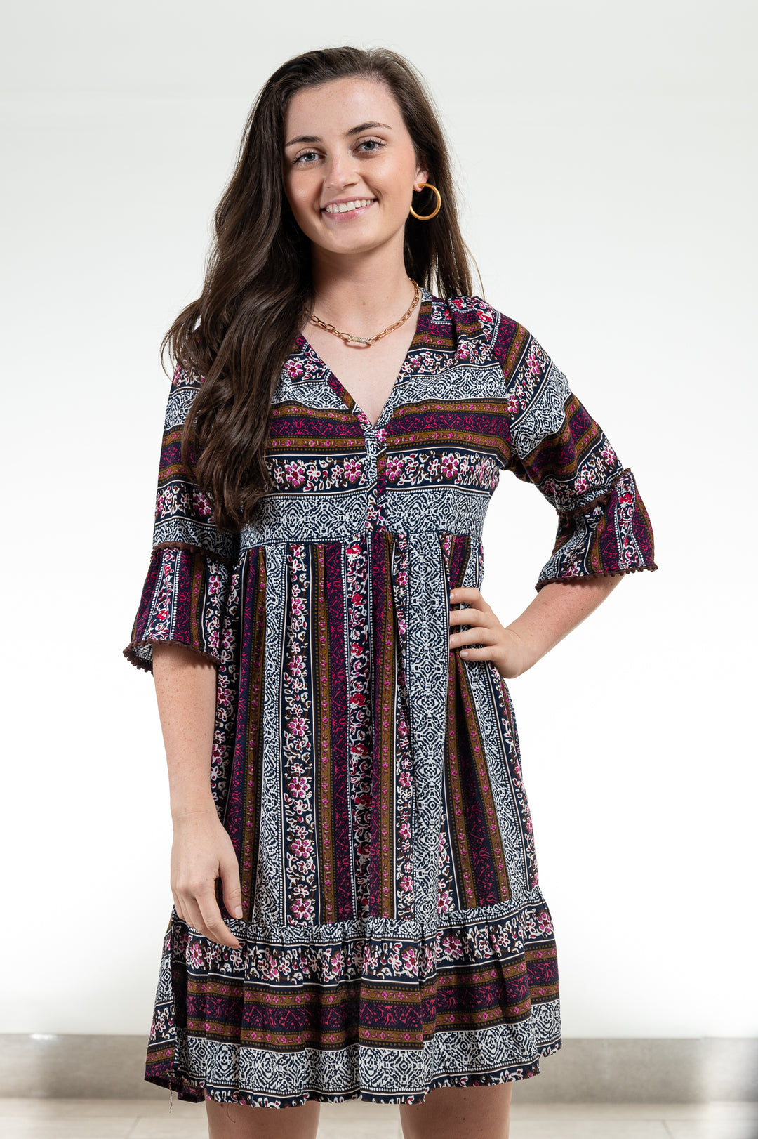The Carson Dress in Brown and Navy — view 6