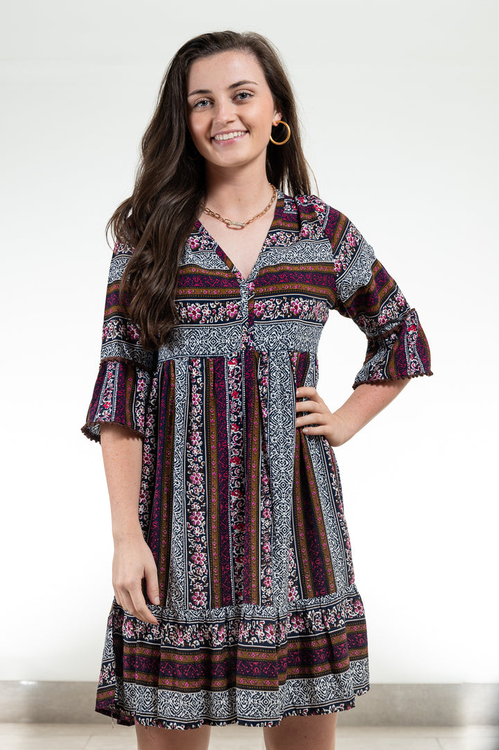 The Carson Dress in Brown and Navy — view 6