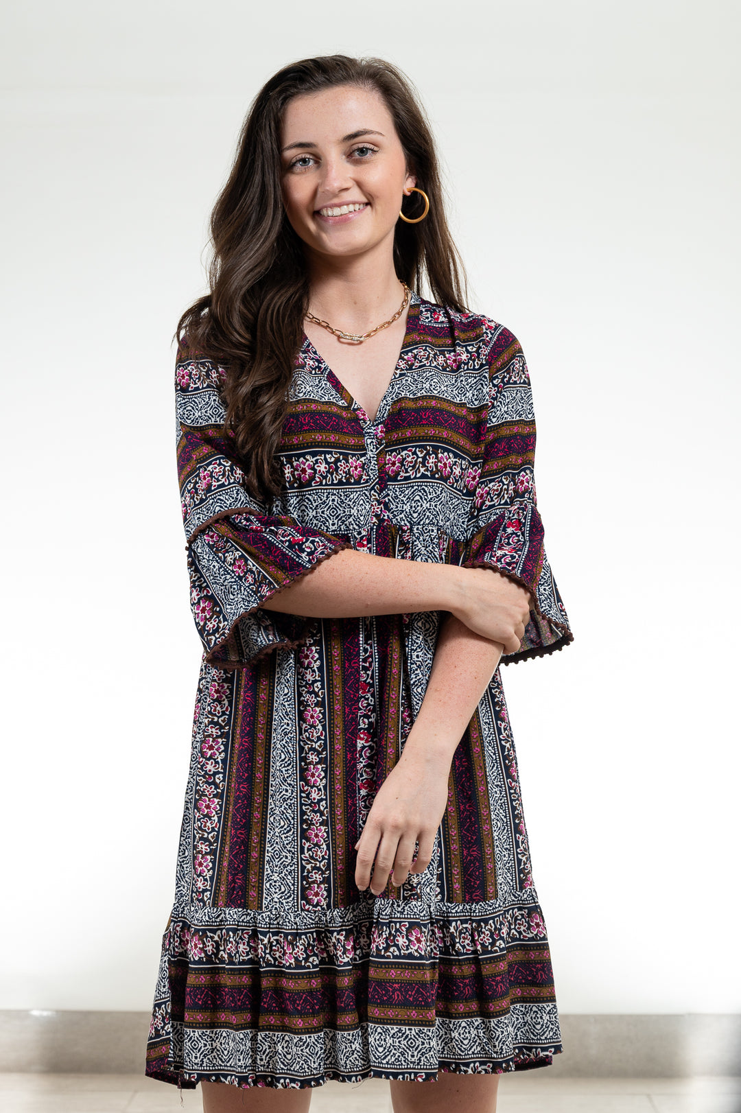 The Carson Dress in Brown and Navy