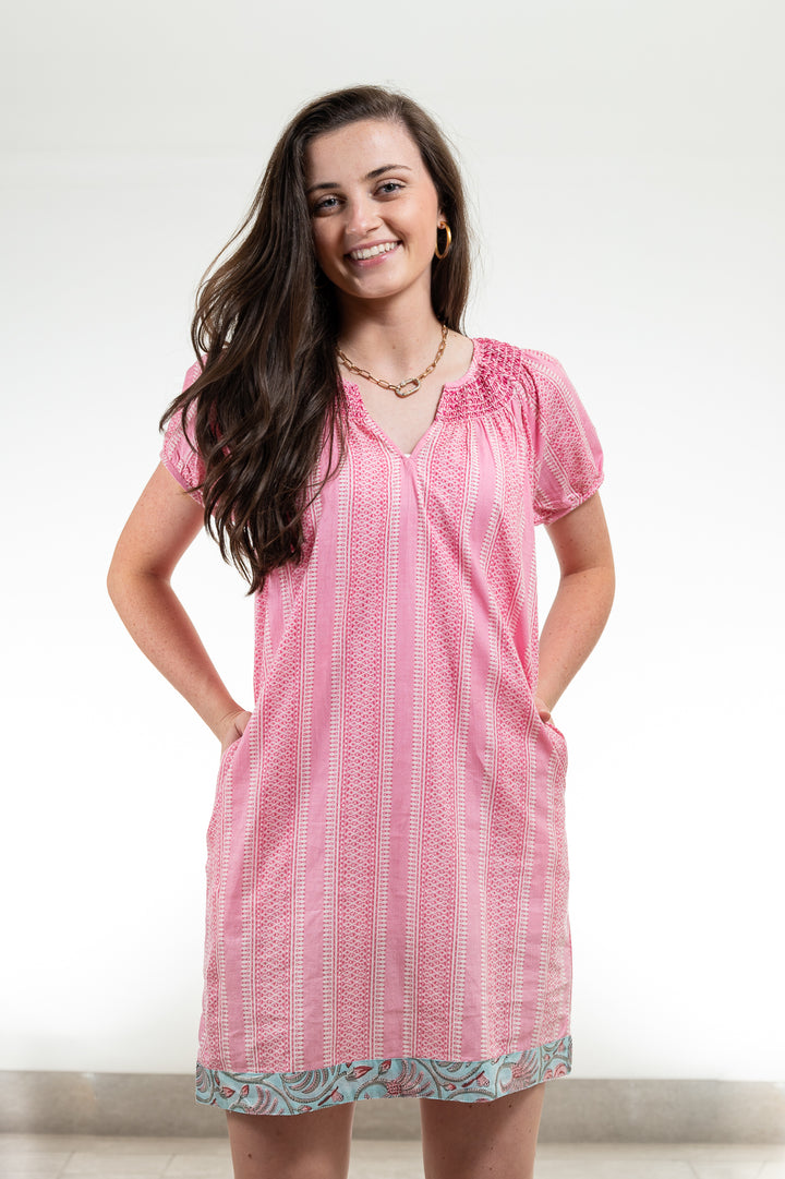 The Michelle Smocked Neck Short Sleeve Dress in Playful Pink