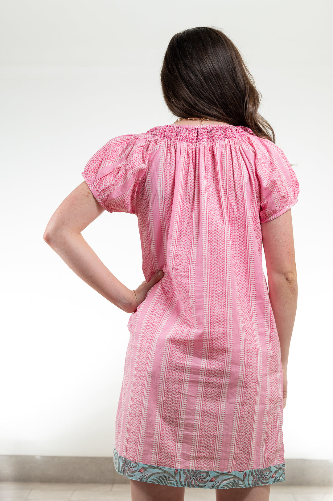 The Michelle Smocked Neck Short Sleeve Dress in Playful Pink — view 3