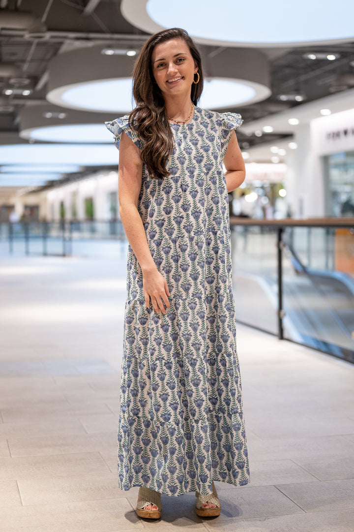 The Kristina Maxi Length Dress in Blue and Green Hand Block Print — view 8