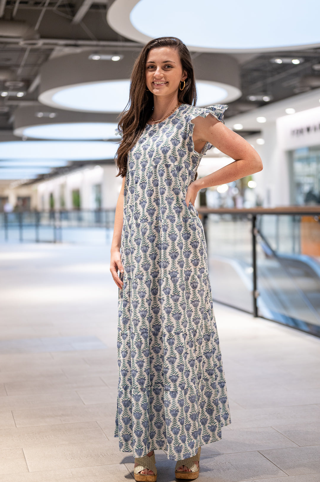 The Kristina Maxi Length Dress in Blue and Green Hand Block Print — view 7