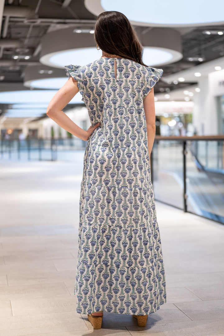 The Kristina Maxi Length Dress in Blue and Green Hand Block Print — view 4