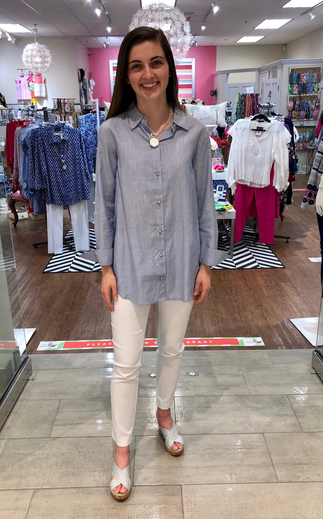 The Stacia Button Front Tunic In Blue with Silver Lurex Thread — view 4