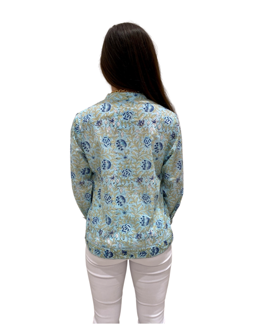 The Alexis Block Print Top in Turquoise and Navy — view 4