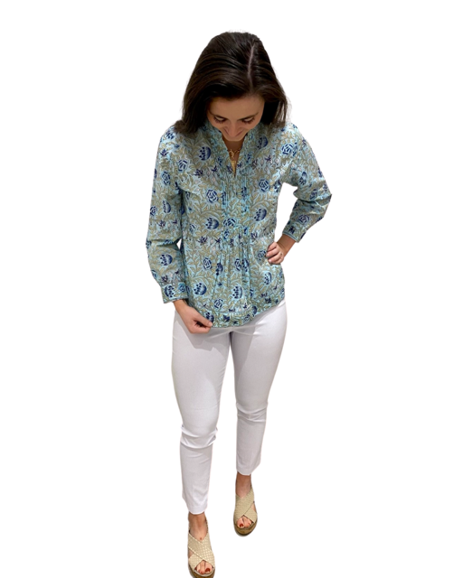 The Alexis Block Print Top in Turquoise and Navy — view 2