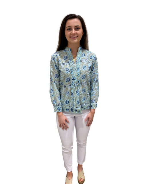 The Alexis Block Print Top in Turquoise and Navy — view 3