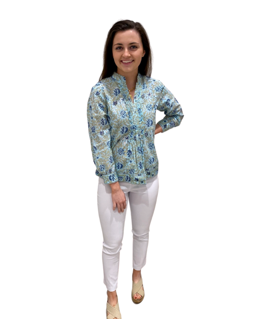The Alexis Block Print Top in Turquoise and Navy