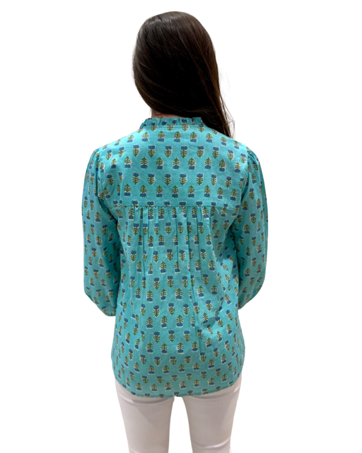 The Allison Button Front Cotton Top in Green With Blue Hand Block Print — view 6