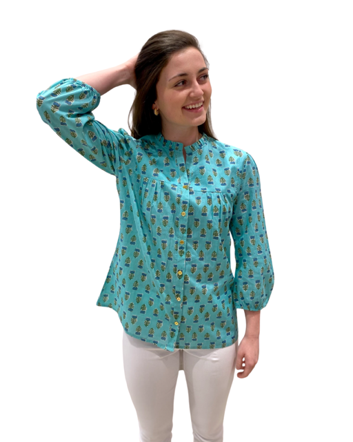 The Allison Button Front Cotton Top in Green With Blue Hand Block Print — view 5