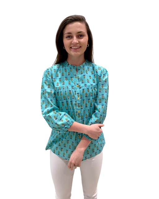 The Allison Button Front Cotton Top in Green With Blue Hand Block Print — view 4