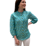 The Allison Button Front Cotton Top in Green With Blue Hand Block Print