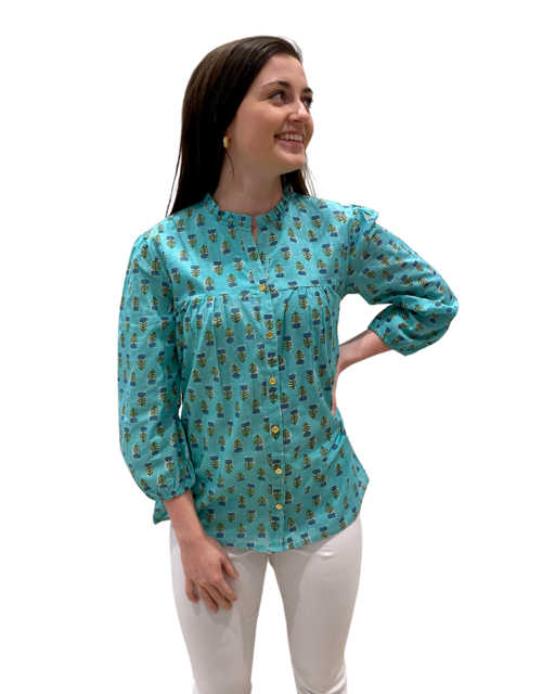 The Allison Button Front Cotton Top in Green With Blue Hand Block Print