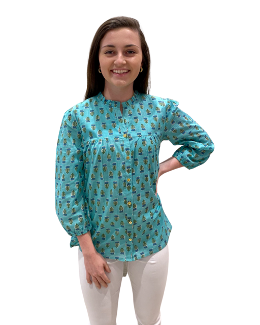 The Allison Button Front Cotton Top in Green With Blue Hand Block Print — view 3