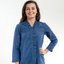 The Bessie Ruffle Front Blouse in Deep Chambray Blue