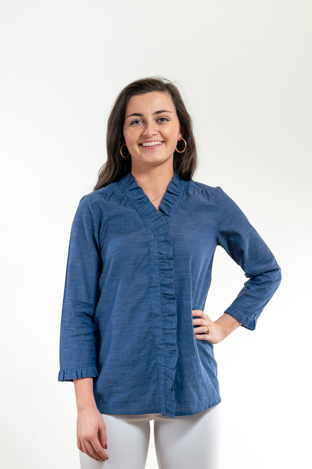 The Bessie Ruffle Front Blouse in Deep Chambray Blue