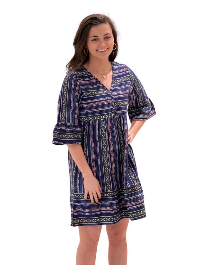 The Carson V-Neck Dress in Boho Multi Stripe