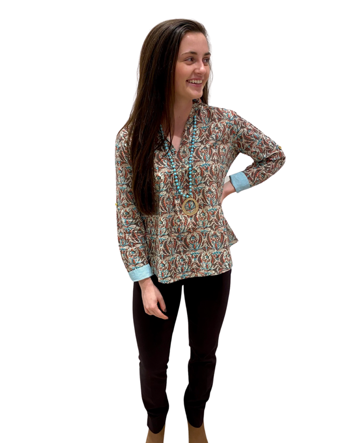 The Eloise Block Print Cotton Top in Mocha and Turquoise — view 4