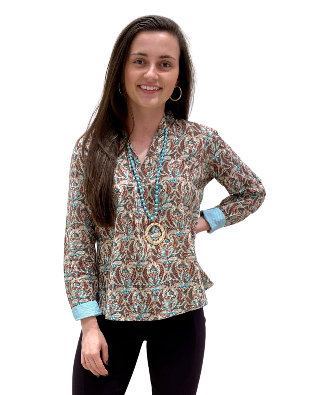 The Eloise Block Print Cotton Top in Mocha and Turquoise