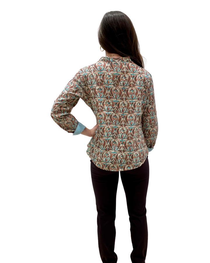 The Eloise Block Print Cotton Top in Mocha and Turquoise — view 3
