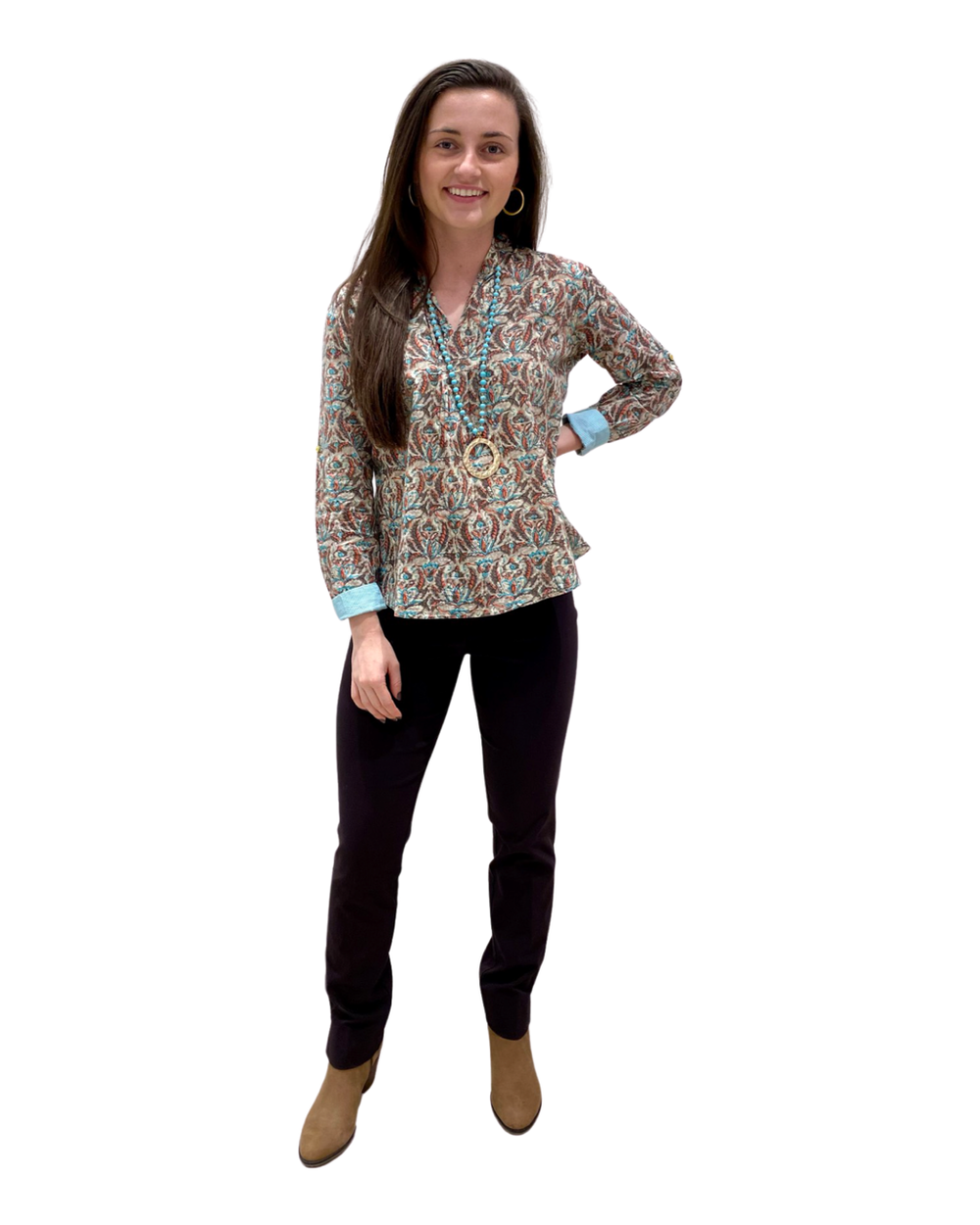 The Eloise Block Print Cotton Top in Mocha and Turquoise — view 2