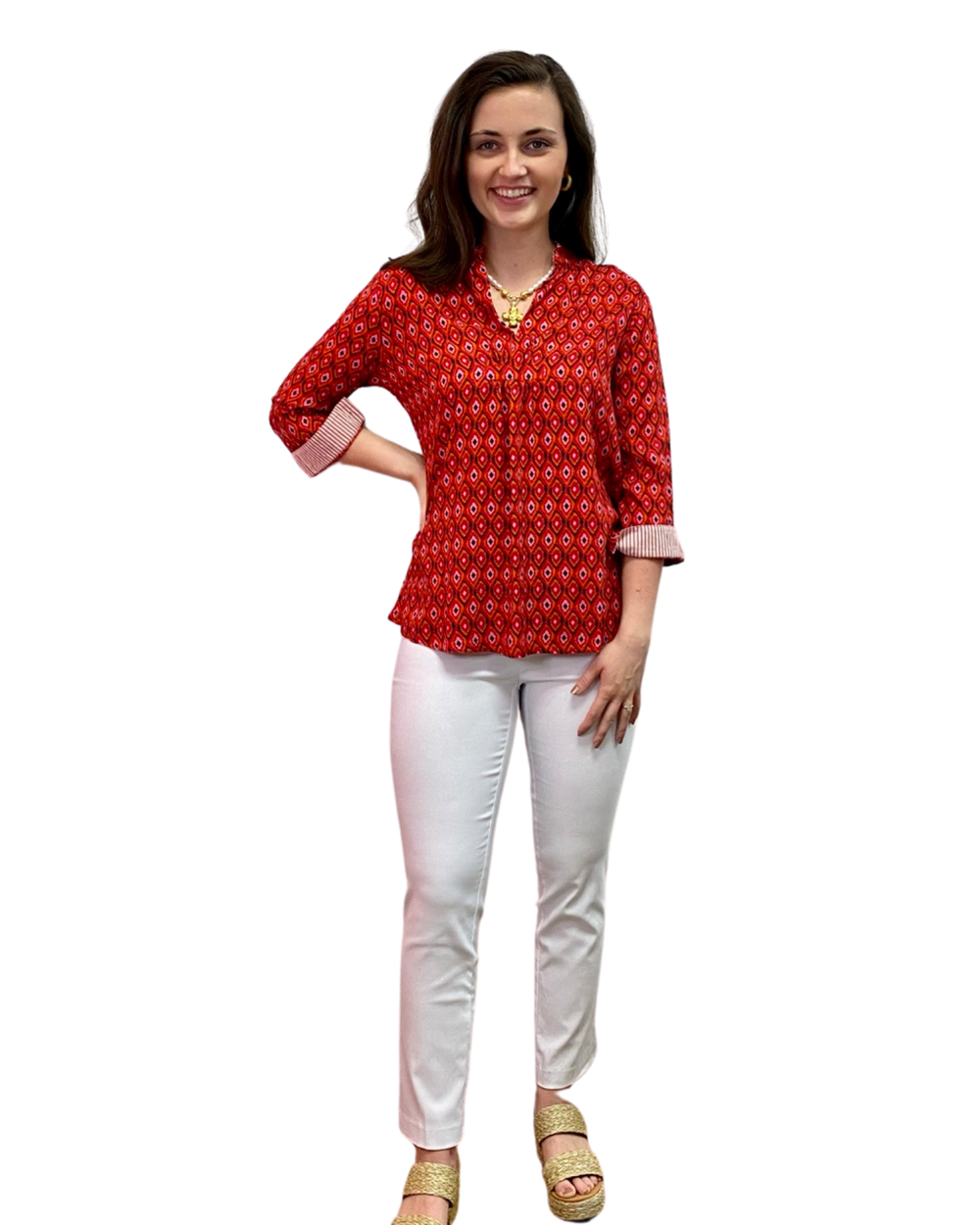 The Eloise Rayon Print Top in Sunset Coral — view 2