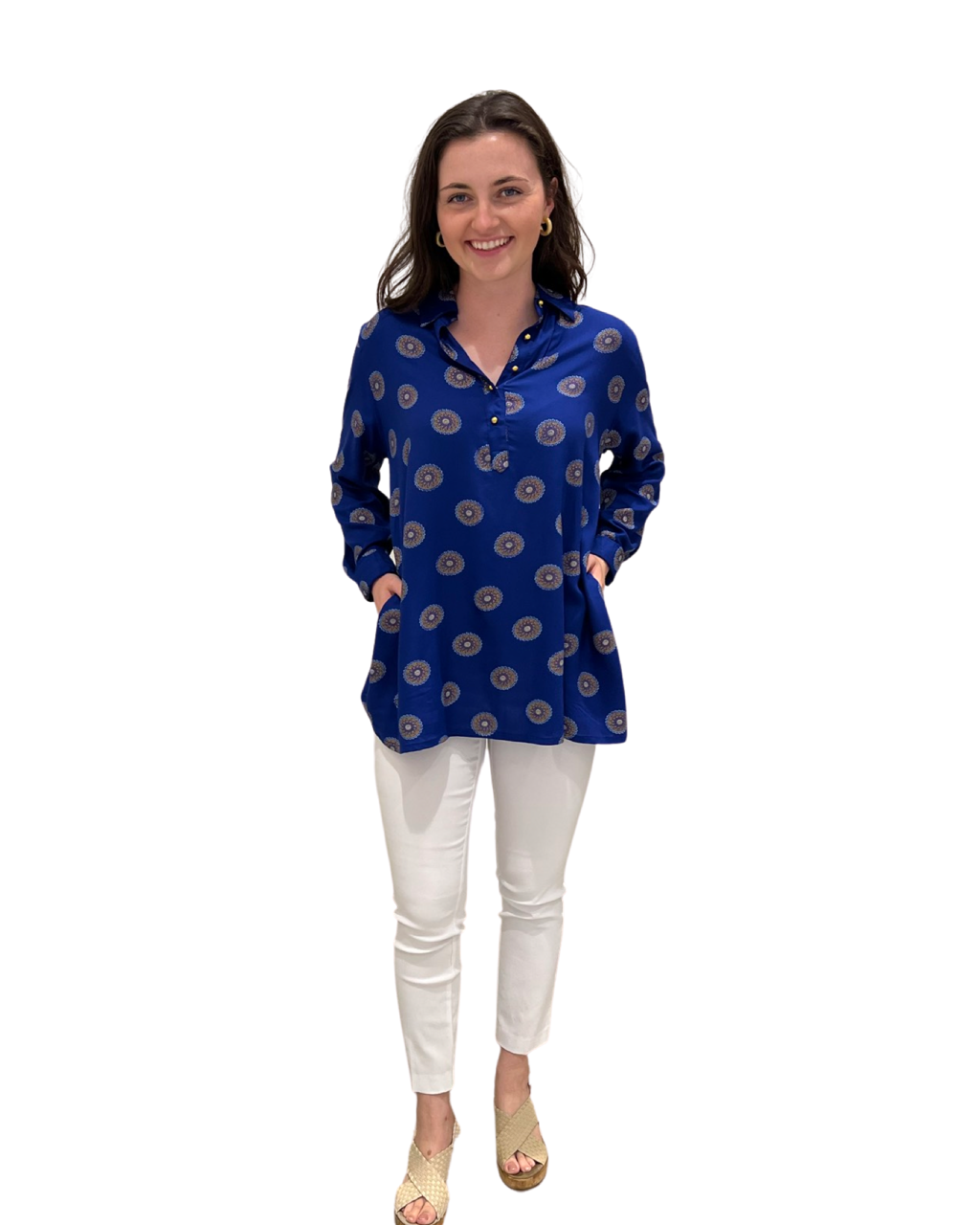 The Harper Medallion Print Top in Blue — view 4