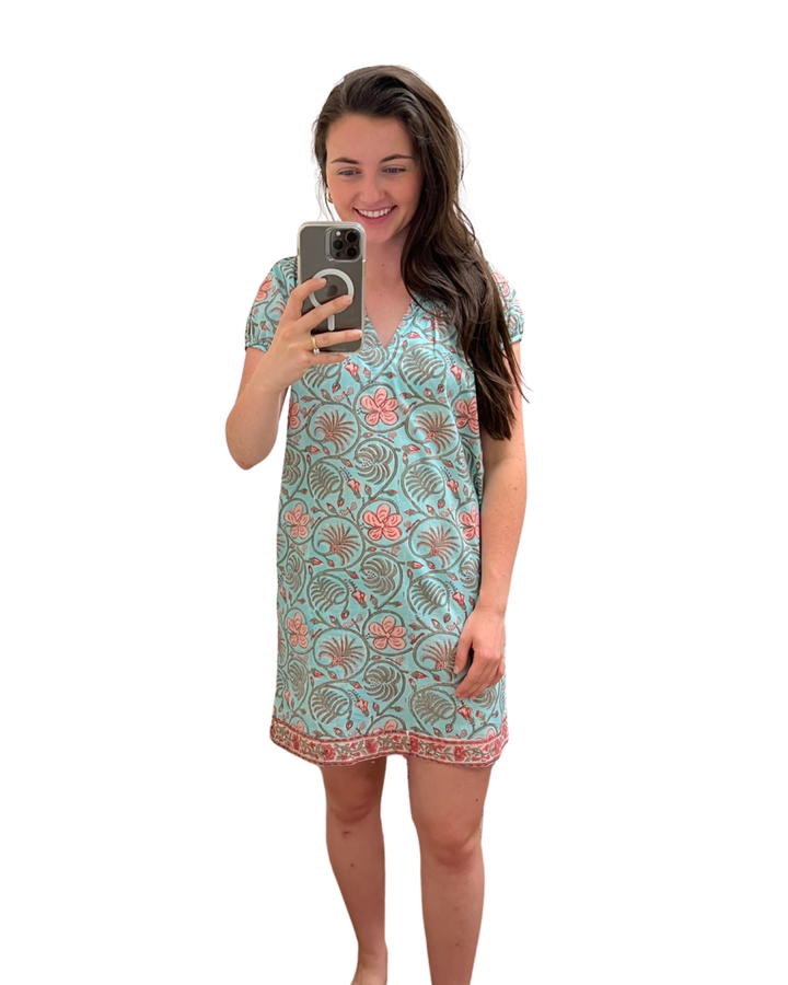 The Michelle Smock Neck Dress in Blue Pink Hand Blocked Cotton — view 5