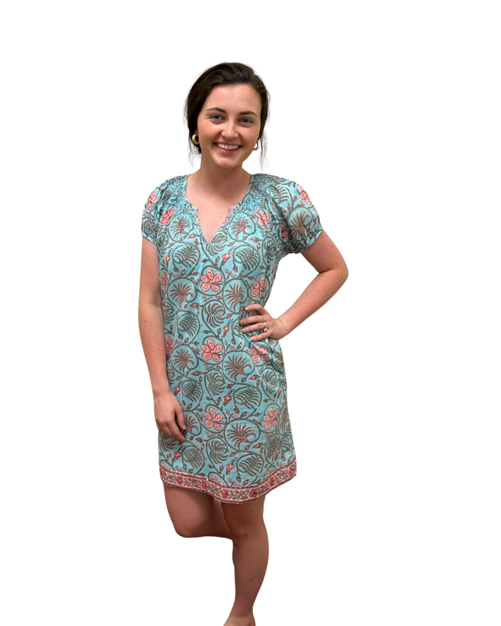 The Michelle Smock Neck Dress in Blue Pink Hand Blocked Cotton — view 4