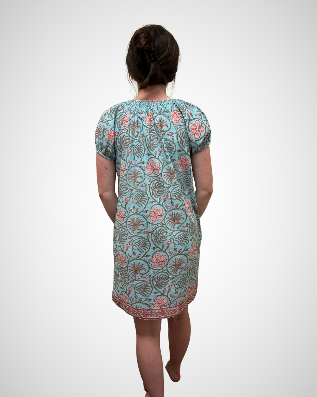 The Michelle Smock Neck Dress in Blue Pink Hand Blocked Cotton — view 3