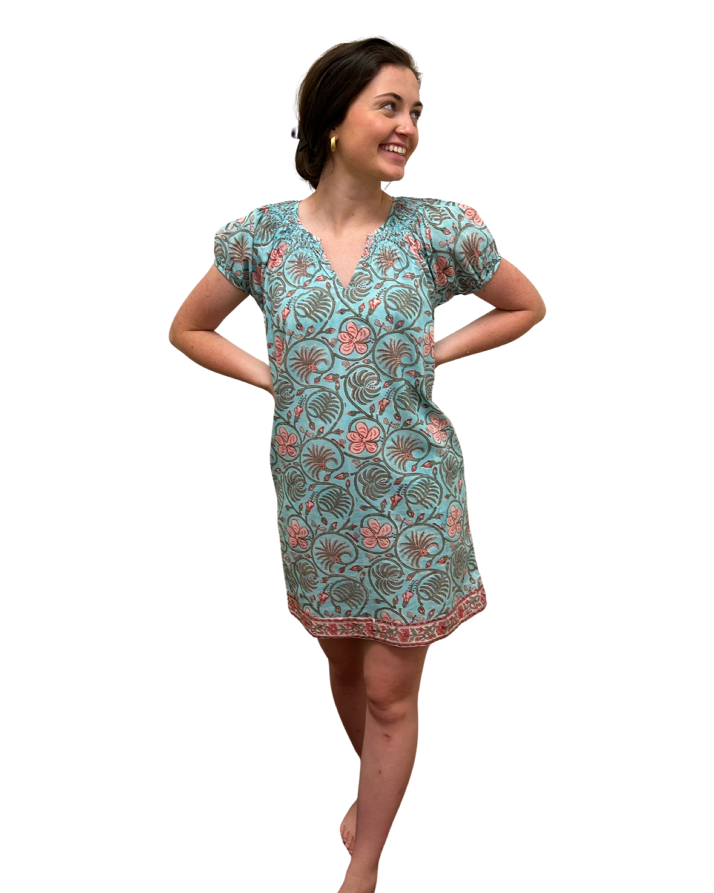 The Michelle Smock Neck Dress in Blue Pink Hand Blocked Cotton — view 2