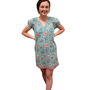 The Michelle Smock Neck Dress in Blue Pink Hand Blocked Cotton