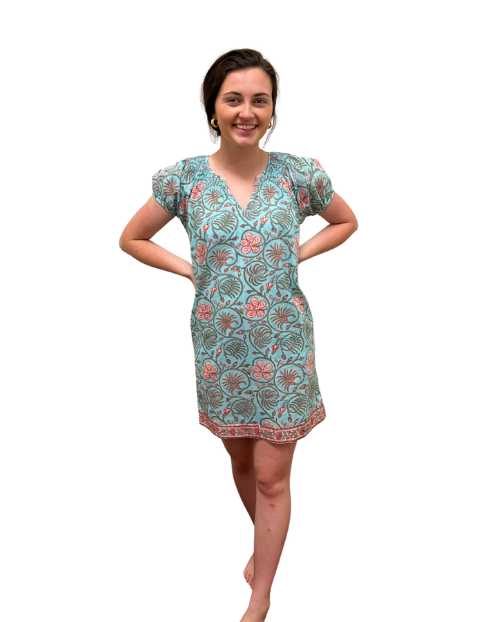 The Michelle Smock Neck Dress in Blue Pink Hand Blocked Cotton