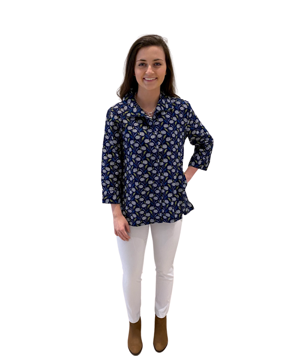 The Mimi Button Front Tunic in Navy Floral — view 2