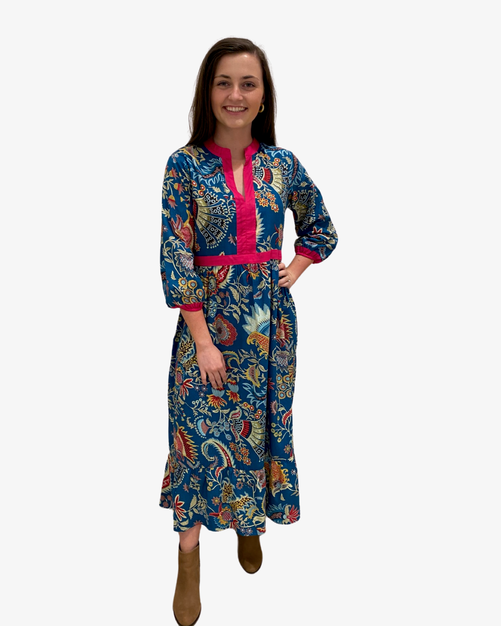 The Monaco Long Length Teal Multicolored Floral Print Dress