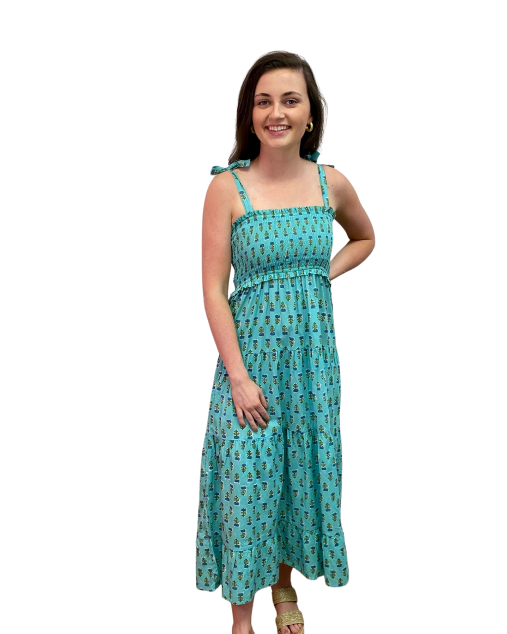 The Rebecca Smocked Top Tie Shoulder Dress in Green and Blue Hand-Bloc   Liza Byrd