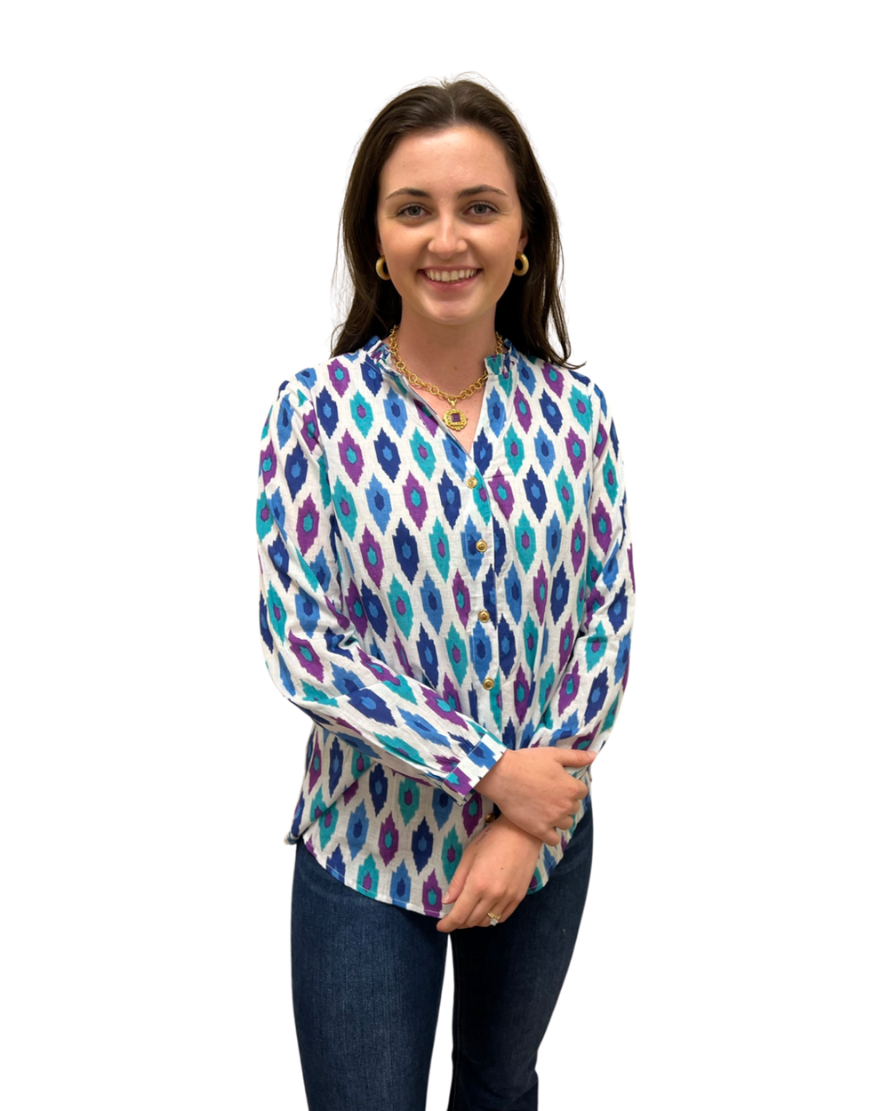 The Serena Cotton Button Front Top in Jewel Tone Ikat — view 2